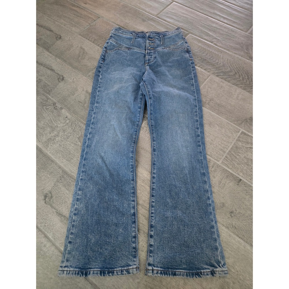 Express Women Blue High Rise Bootcut Jeans Button Fly Western Yoke Size 0